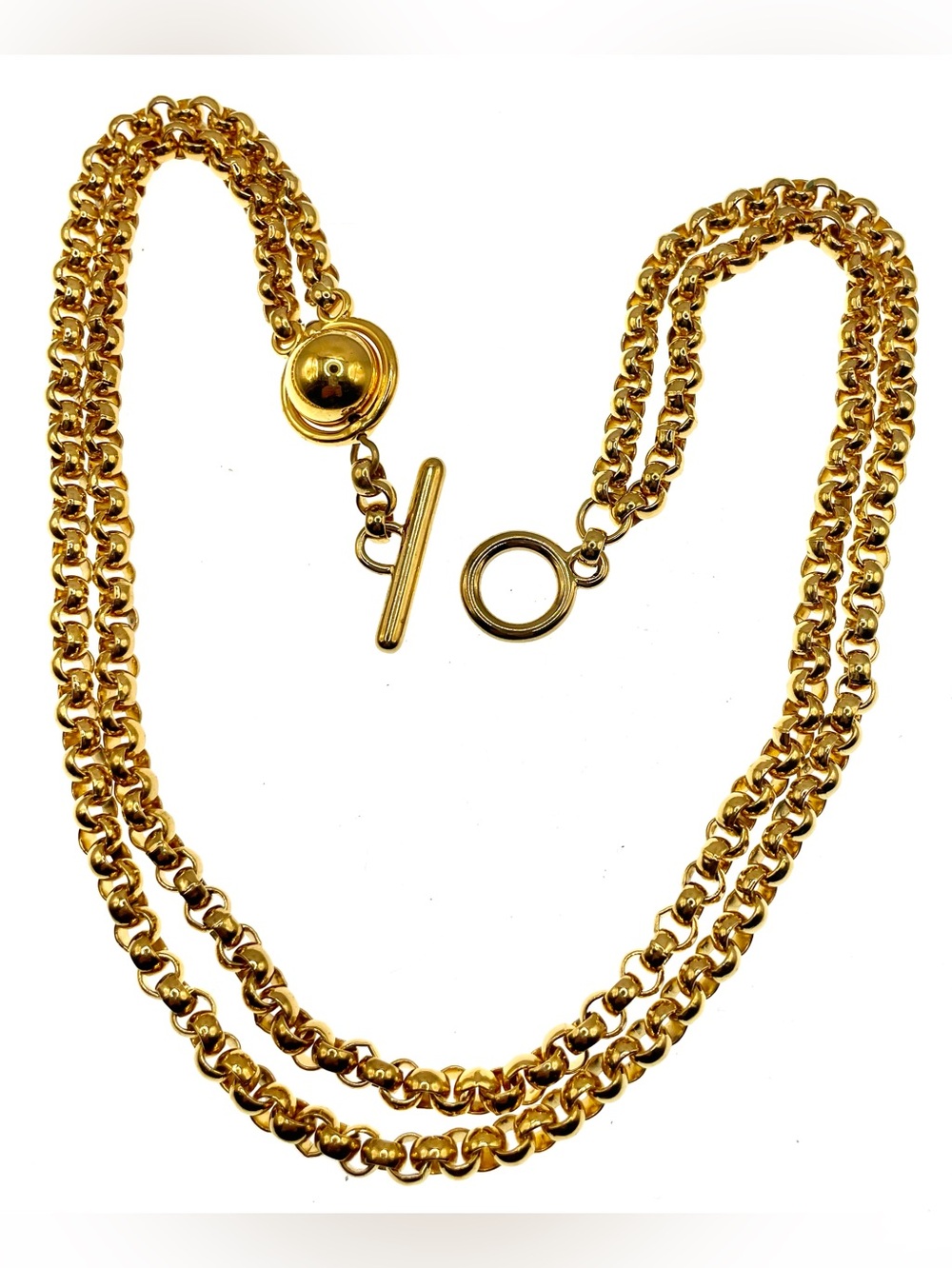 Vintage 90s Bold Gold Tone Chunky Double Chain Necklace Toggle Clasp Statement